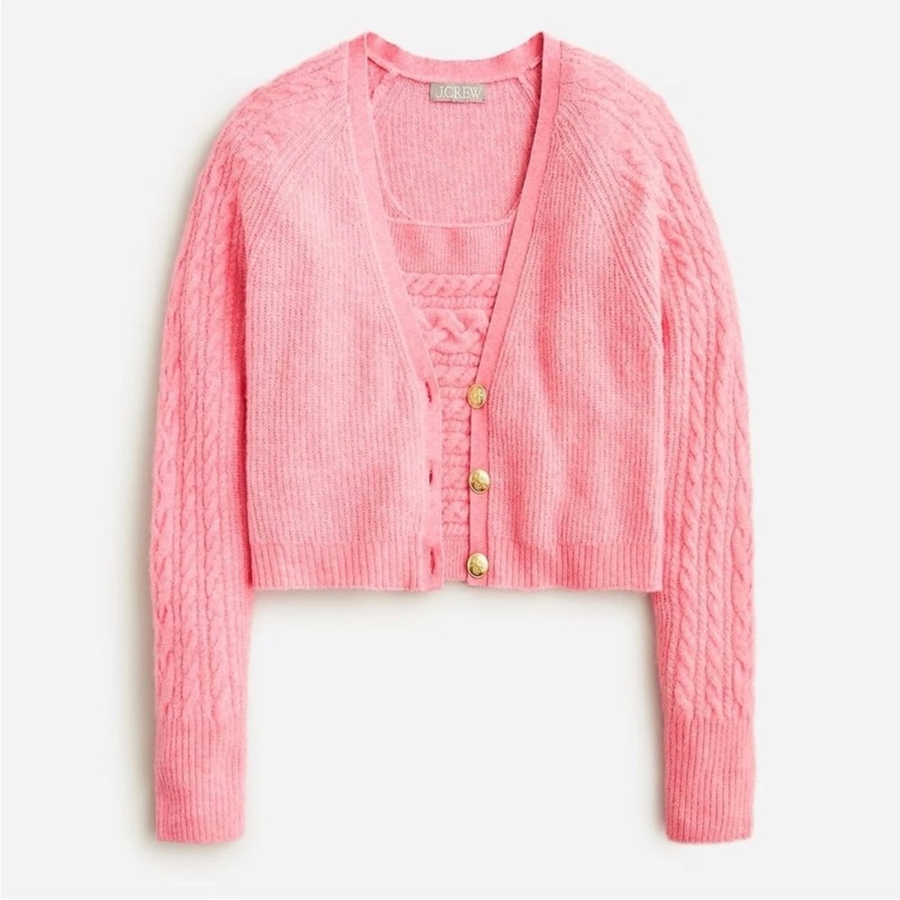 J Crew Supersoft Cropped Cable Knit Sweater Cardigan Tank Set Wool Pink Medium - Picture 3 of 16